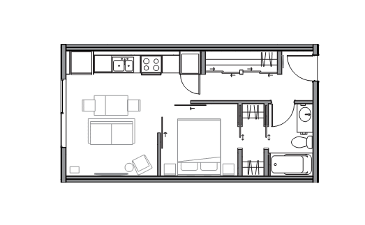 A black and white floor plan of a house with a kitchen, living room, and bathroom.