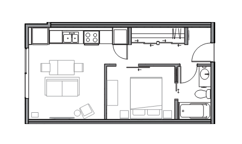 A black and white floor plan of a house with a kitchen, living room, and bathroom.