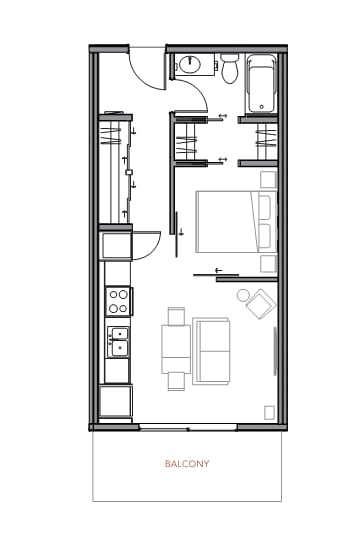 A floor plan of a small apartment with a kitchen, living room, and bathroom.