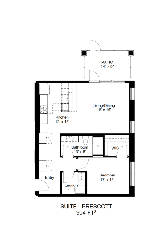 A floor plan of a suite at Prescott showing a living/dining area, kitchen, bathroom, bedroom, and laundry area.