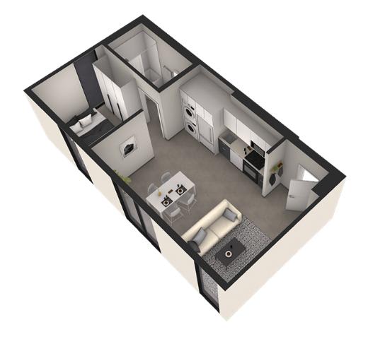 A 3D image of a house layout with a living room, kitchen, and bathroom.