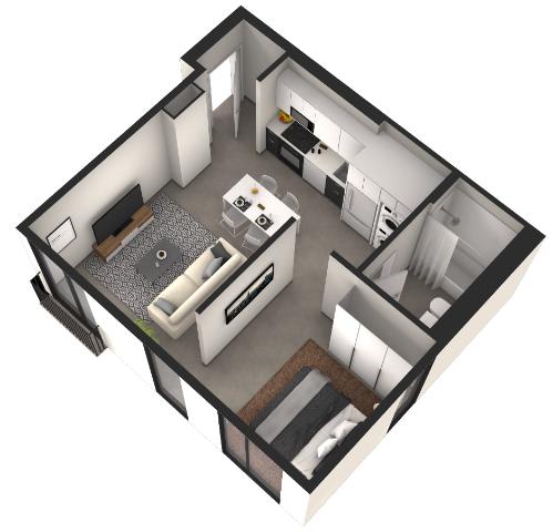 A 3D floor plan of a small apartment with a living room, kitchen, and bedroom.
