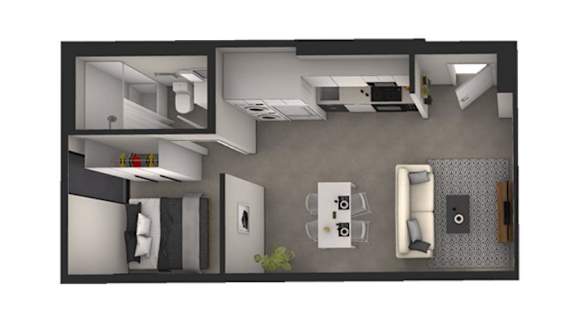 A floor plan of a modern apartment with a kitchen, living room, and bedrooms.