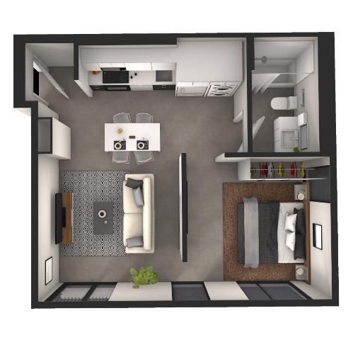 A 3D floor plan of a small apartment with a kitchen, living room, and bathroom.