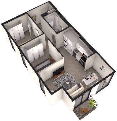 A 3D image of a house layout with a kitchen, living room, and bathroom.