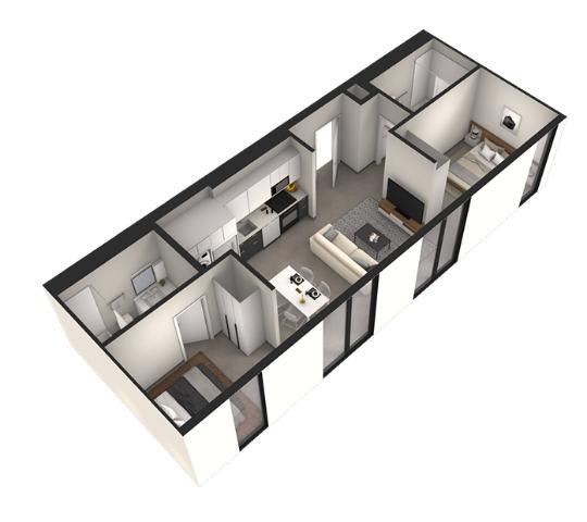 A 3D floor plan of a house with multiple rooms.