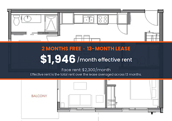 A floor plan for an apartment with a balcony is shown along with the rent information.