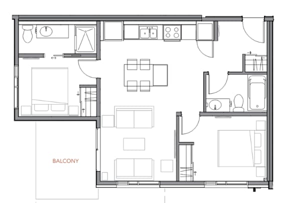 A black and white floor plan of a house with a balcony.