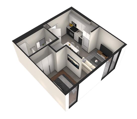 A 3D image of a house layout with a kitchen, living room, and two bedrooms.