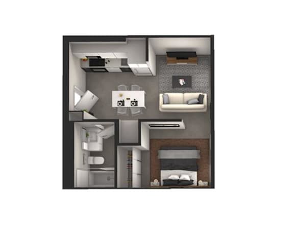 A 3D floor plan of a small apartment with a kitchen, living room, and bedroom.