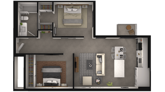 a 3d rendering of a bedroom and bathroom floor plan of a house