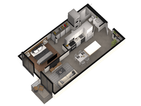 a 3d rendering of a house with a bedroom and a living room