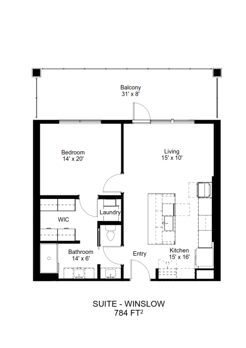 A floor plan of a 784 square foot suite in Winslow.