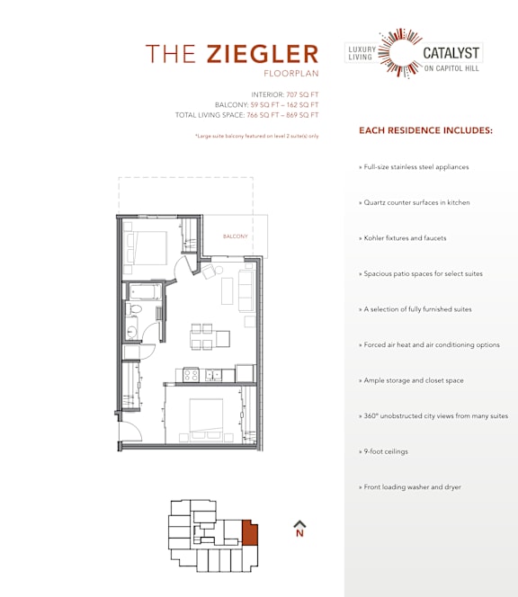 A floor plan for a residence at The Ziegler showing a living room, dining room, kitchen, and bathrooms.