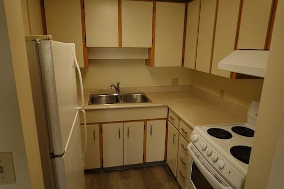 A kitchen with a white refrigerator, stove, and sink.