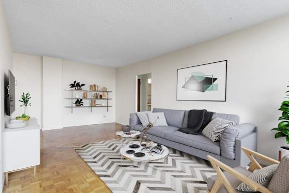A living room with a grey couch and a rug.
