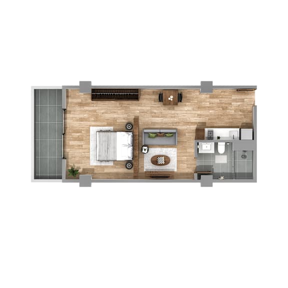 A top-down view of a small apartment with a kitchen, living room, and bathroom.