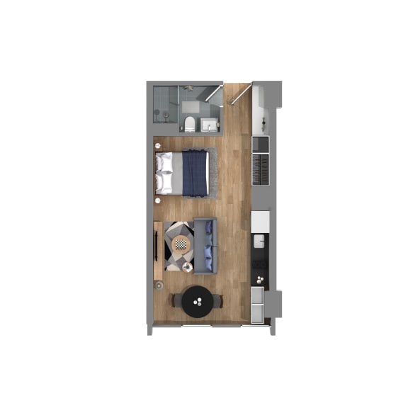 a bedroom with a desk and a bathroom