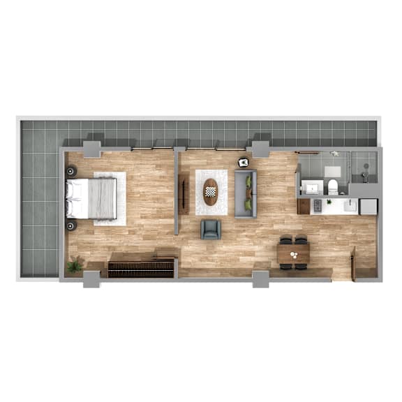 A top-down view of a modern apartment layout with a kitchen, living room, and bathroom.