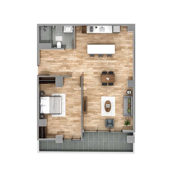 A top-down view of a kitchen and living room with a dining table and chairs.