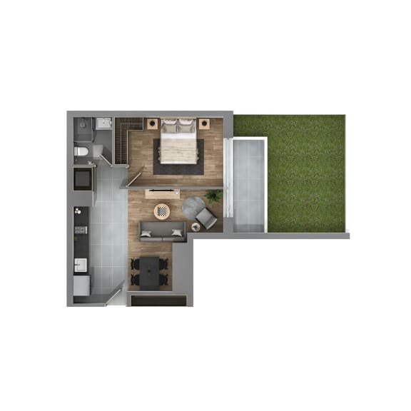 a bedroom with a bathroom and a living room