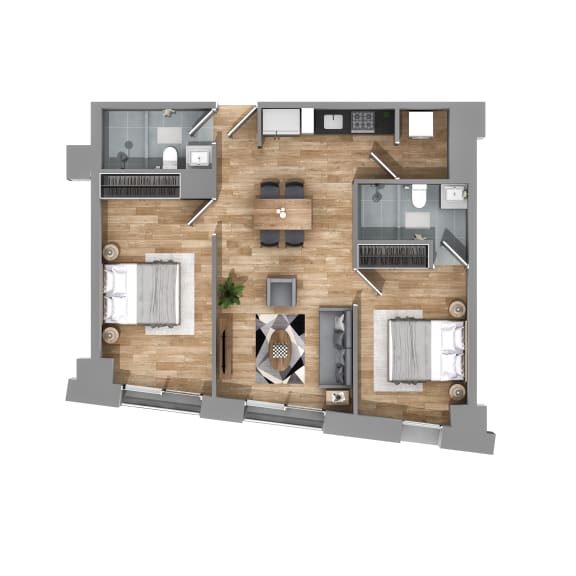 3d floor plan of a 475 square foot apartment