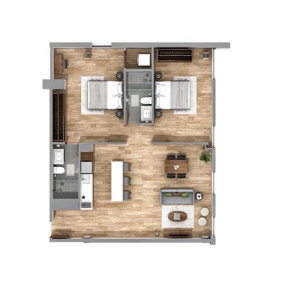 A top-down view of a small apartment layout with a kitchen, living room, and two bedrooms.