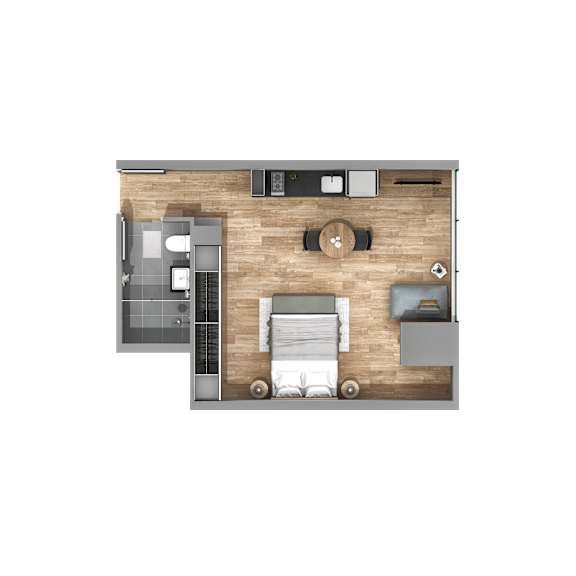 A top-down view of a room with a bed, a couch, a table, and a kitchen area.