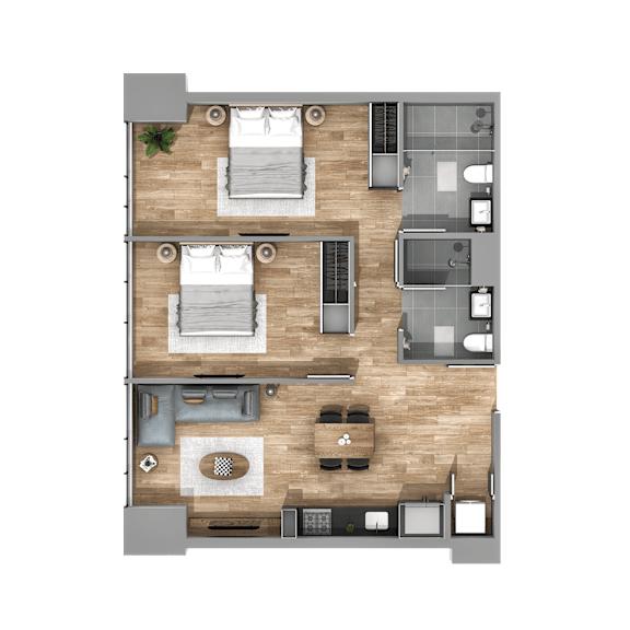 A top-down view of a house layout with two bedrooms, a living room, a kitchen, and a bathroom.