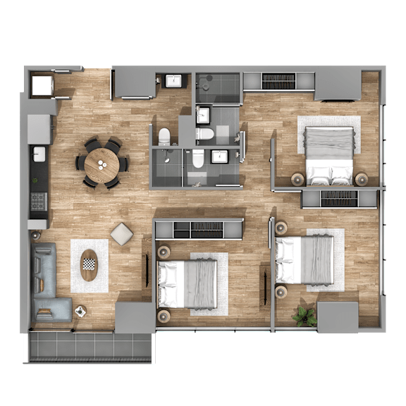 A top-down view of a house layout with a central open space and various rooms surrounding it.
