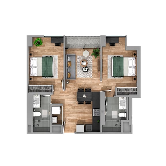 A top-down view of a house layout with two bedrooms, a living room, a kitchen, and a dining area.