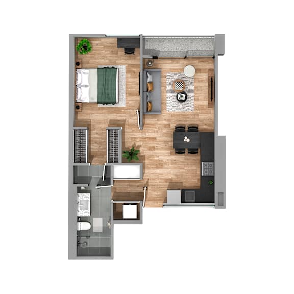 A top-down view of a living room, kitchen, and dining area.