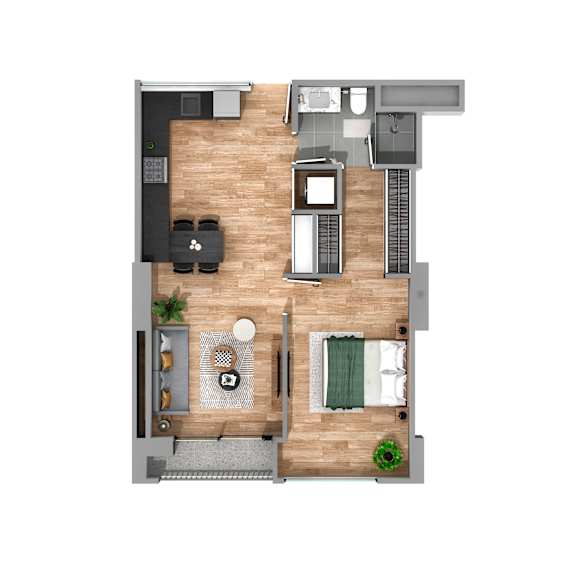 A top-down view of a living room with a couch, coffee table, and television.