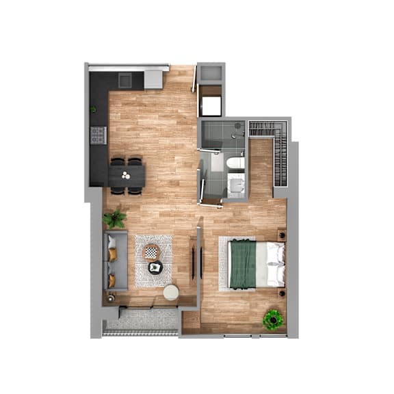 A top-down view of a living room, dining area, kitchen, and bedroom.