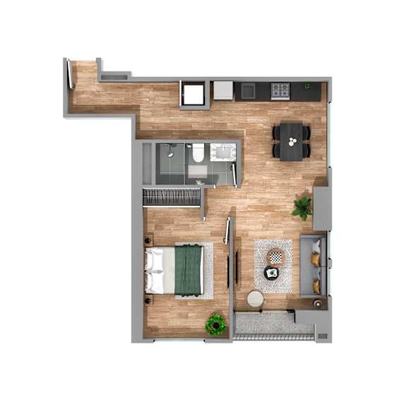 A floor plan of a small apartment with a kitchen, living room, and bathroom.
