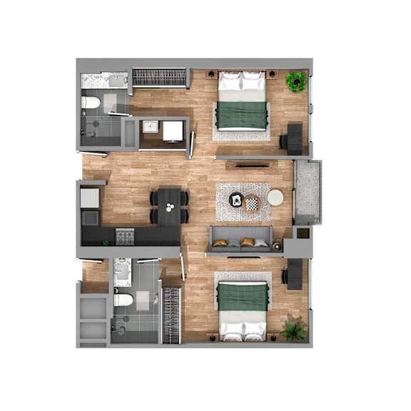 A top-down view of a living room, kitchen, and two bedrooms.