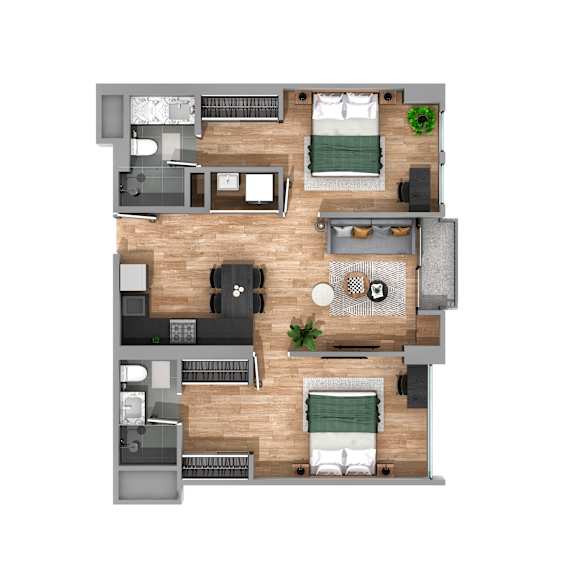 A top-down view of a two-bedroom apartment with a living room, kitchen, and bathroom.