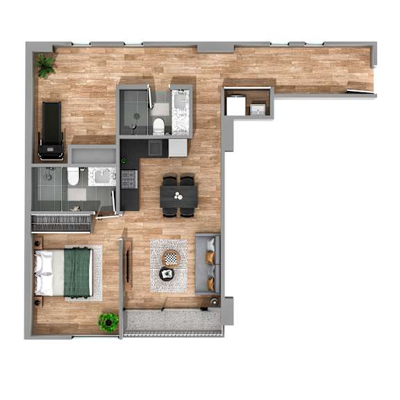 A top-down view of a house layout with a living room, kitchen, dining area, and bedrooms.