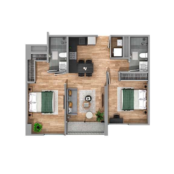 A top-down view of a modern apartment layout with a living room, kitchen, dining area, and two bedrooms.