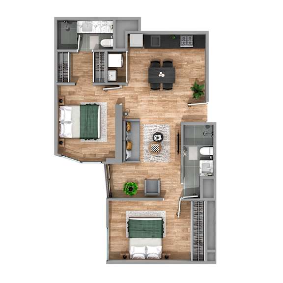 A top-down view of a modern apartment layout with a kitchen, living room, and bedroom.