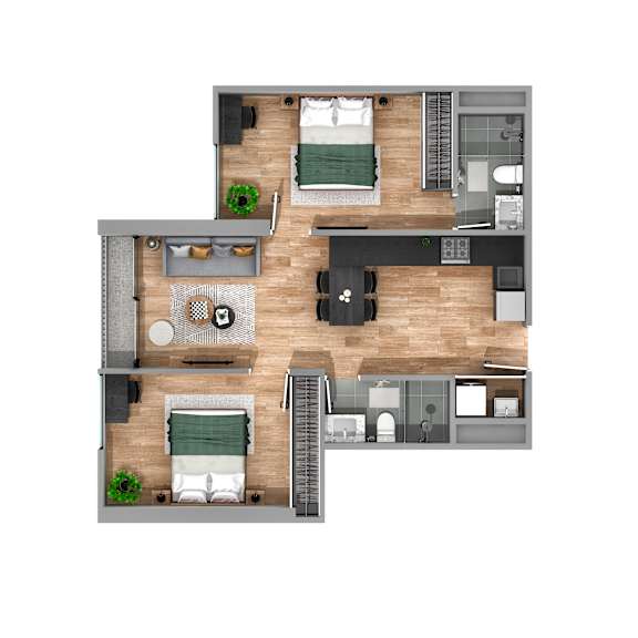 A top down view of a modern apartment layout.