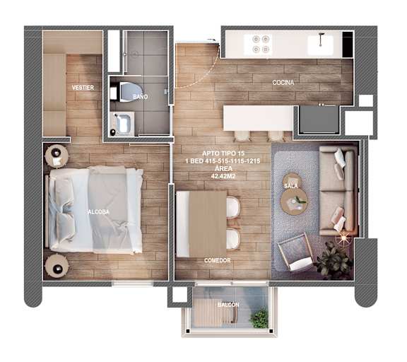 A floor plan of an apartment with a living room, kitchen, and two bedrooms.