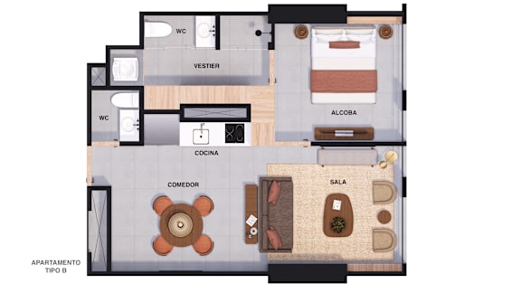 A floor plan of a Type B apartment with a living room, kitchen, dining room, and bedroom.