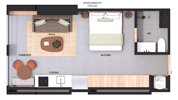 Apartment layout with a living room, kitchen, and bedroom.