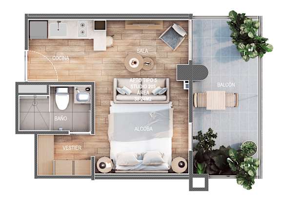 A floor plan of a small apartment with a kitchen, living room, and bathroom.