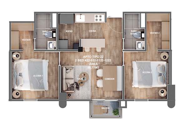 A floor plan of an apartment with two bedrooms, two bathrooms, a living room, a kitchen, and a balcony.
