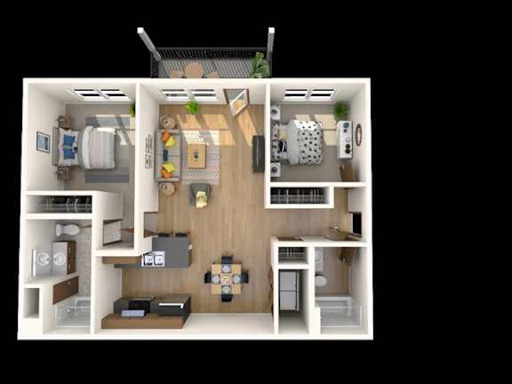A 3D floor plan of a small apartment with a kitchen, living room, and bedroom.