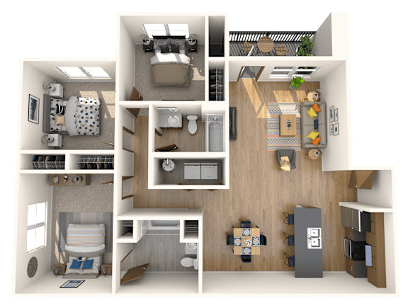 A 3D floor plan of a small apartment with a kitchen, living room, and bedrooms.