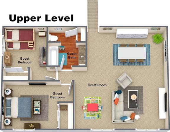 A floor plan of a hotel room with two guest bedrooms, a bathroom, a great room, and a kitchen.