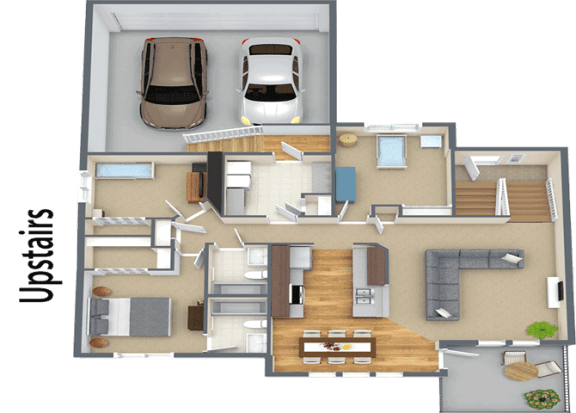 a 3d rendering of a floor plan of a house with two cars